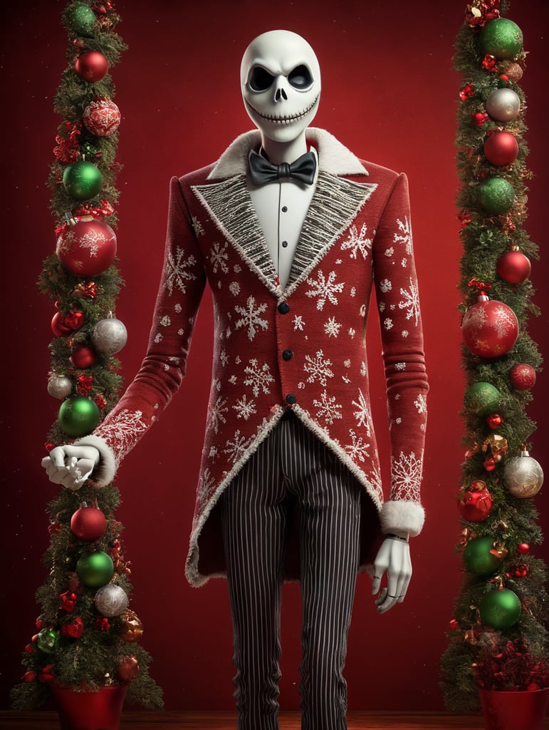 Jack Skellington standing wearing an ugly Christmas sweater red background copy space