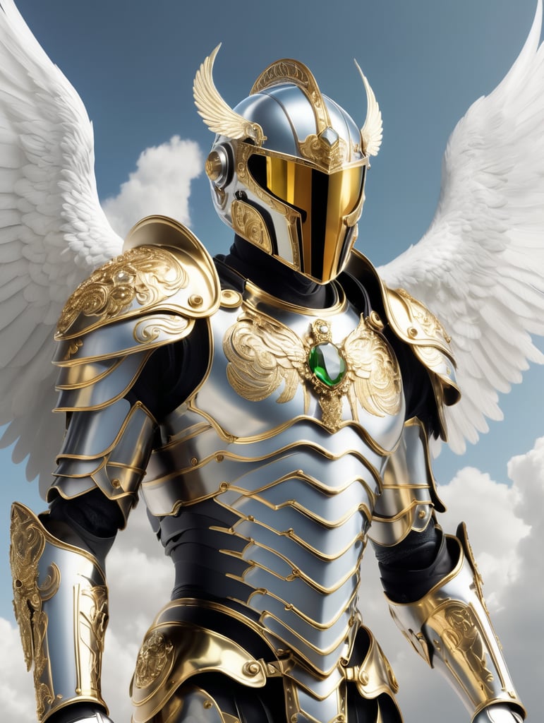 Cyber knight wearing white and gold chrome winged helmet and jewel engraved armor, shining reflections, walking in the clouds, photorealistic, hyper-detailed, peaceful atmosphere