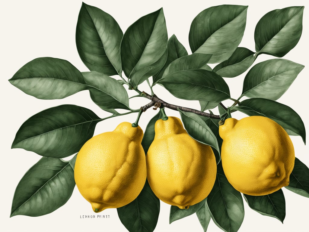 botanical art lemon print plant illustration leafy lemons nature inspired artistic flora citrus vibes fresh botanicals textured leaves vibrant prints