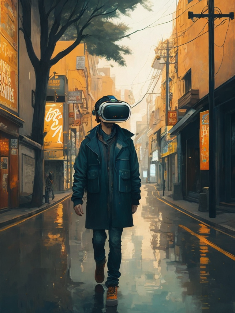 Vintage 90's anime style. a lonely men wearing a virtual reality headset walking in the street