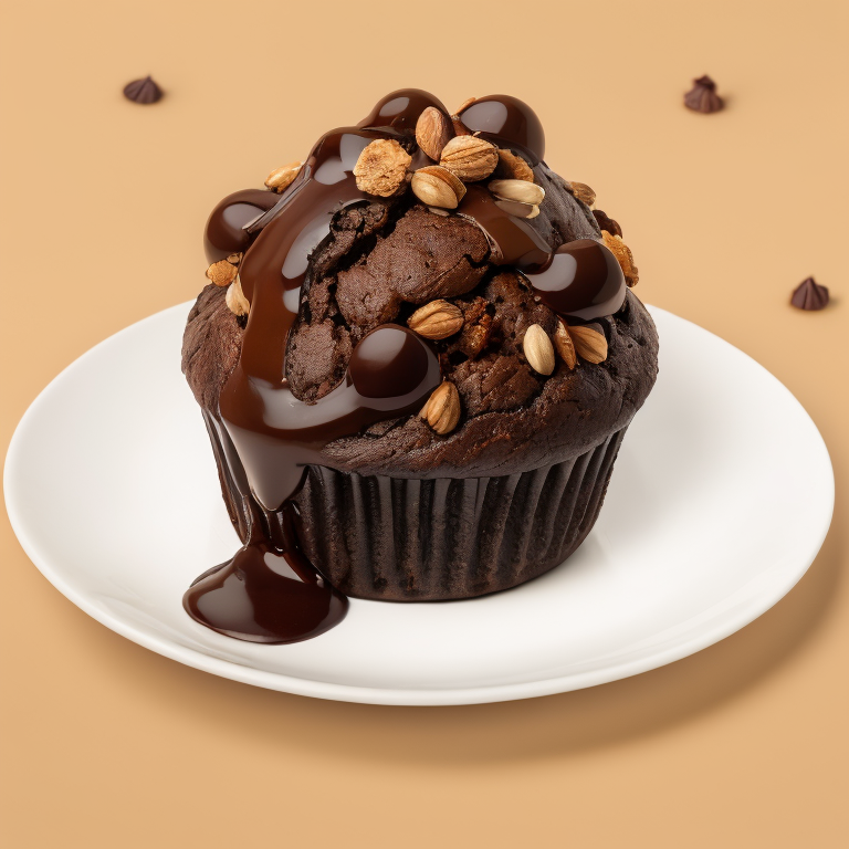 chocolate muffin with nuts on a plate, focus on details, high quality photo