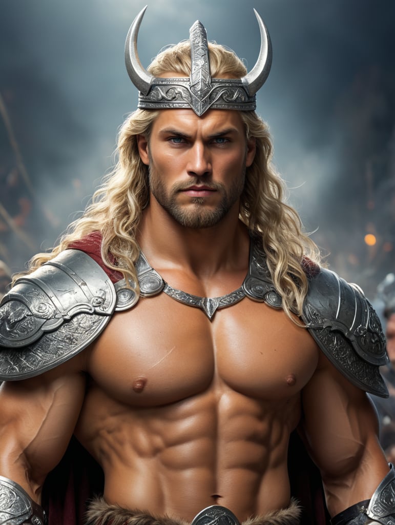 It is this handsome man with full body, beautiful and intense face, white and tanned skin, full lips, blonde eyebrows, crystal clear and beautiful eyes, sharp and elegant nose, muscular body, strong arms and chest, long hair braid Viking brownish blonde, Beautiful brownish blonde beard, wearing an ancient warrior and crown king costume, which marks his muscular body and arms. The image is stunning, represented in high definition and quality, highlighting the man's face with 4K resolution, allowing every detail to be clearly defined and admired, hyper realistic