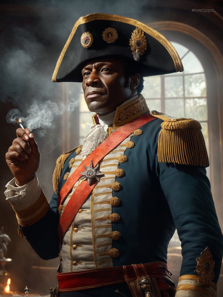 Toussaint louverture, haitian revolution general leader 1780's, facing camera, carne griffiths, wadim kashin, pascal blanche, rutkowski, repin. smoke, window, light rays, perfect anatomy, perfect face, perfect fingers, perfect composition, beautiful, detailed, intricate, octane render, 8k, soft natural light, chiaroscuro, masterpiece, award-winning, professional, anatomically correct, breathtaking, sharp focus, emitting diodes, smoke, sparks, artstation, detailed character design