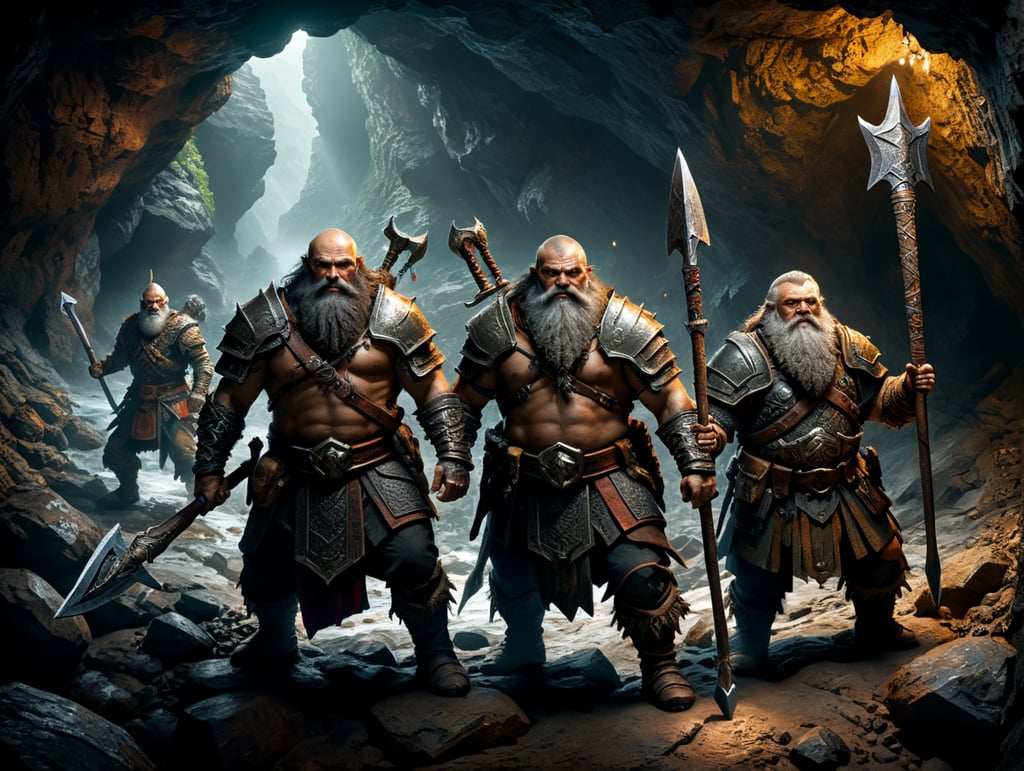 three adventurers in very dark cave one swordsman one bowman one dwarf with axe