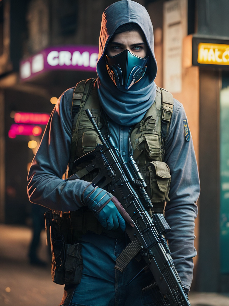 terrorist man with mask from counter strike game with ak-47, ultra realism, super detailed, neon colors, magazine cover, professional shot, magazine photography, bright saturated colors, sharp focus, highly detailed