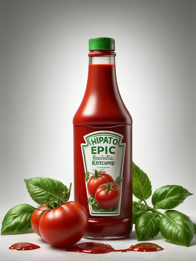 tomato ketchup bottle, red tomato with green leaves, isolated, white background