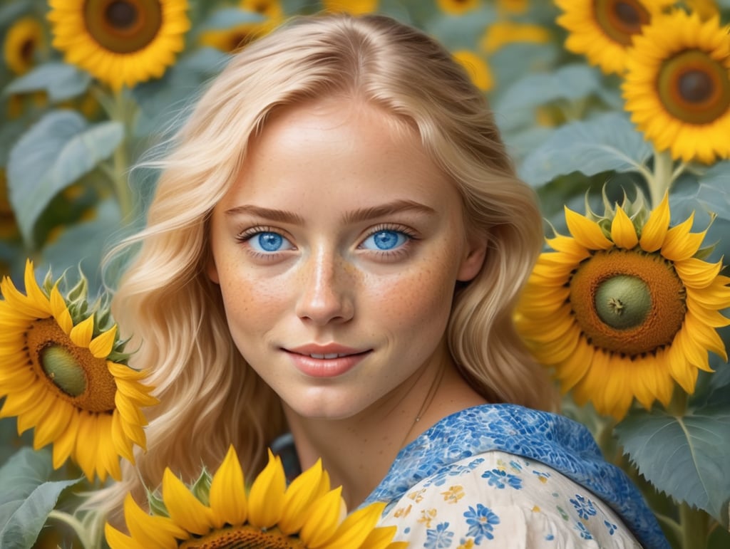 Mujer joven rubia un poco ondulada, ojos azules y pecas. vestida cotagge. Que predomine el amarillo y el azul, que se note alegre y fan de van gogh y monet. Ahora hazla pintando un cuadro impresionista sobre girasoles y que se vea como que ha pintado mucho