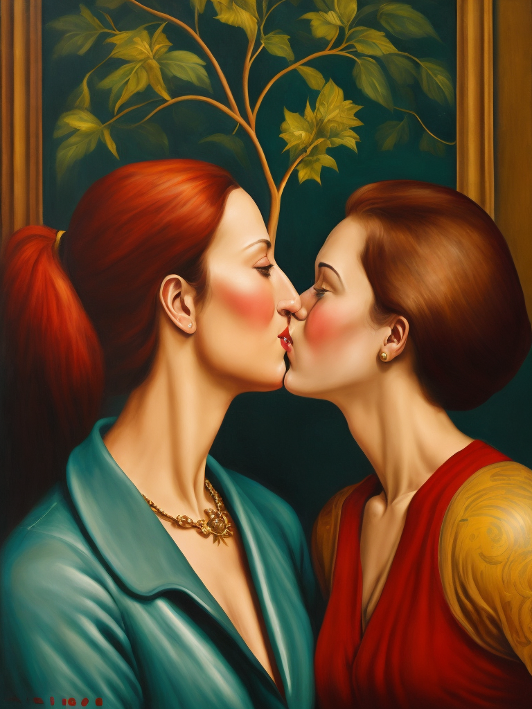 a two women kissing, style of Catherine Nolin, Painting, Acrylic, Oil, Portrait, Interior, USA