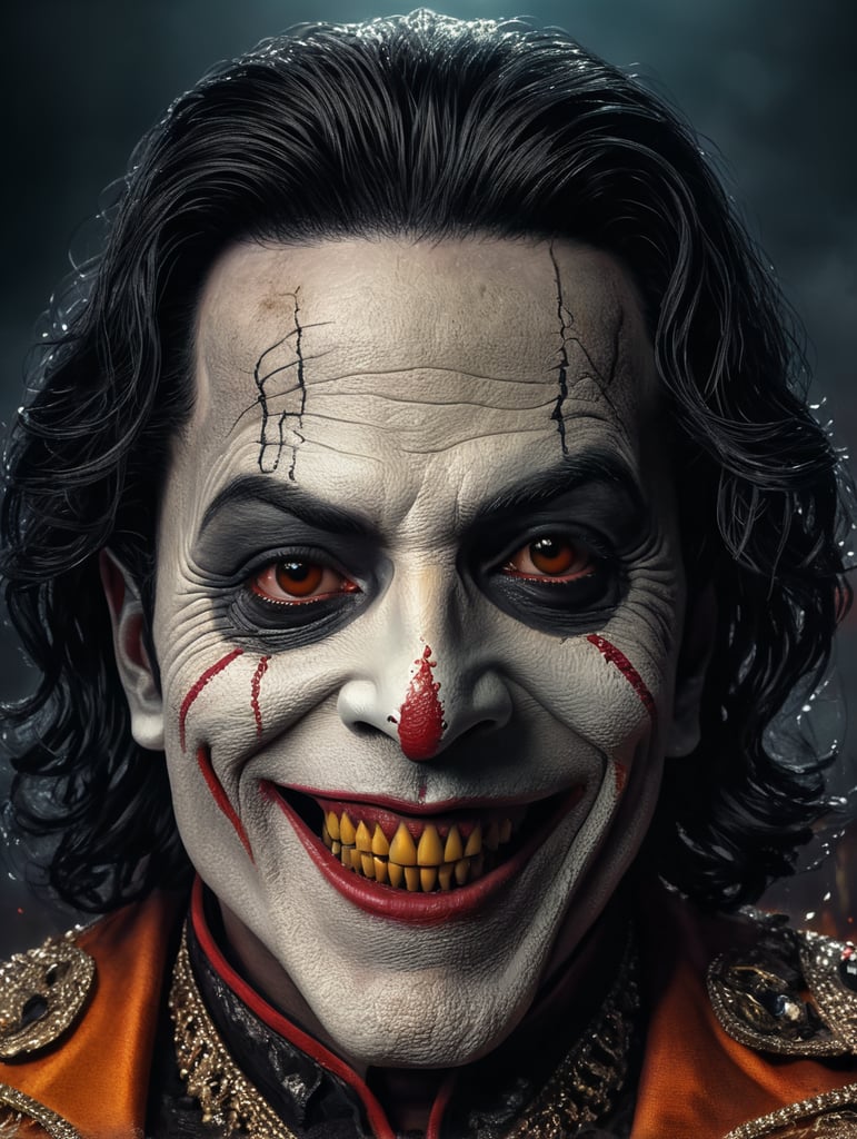 Old Michael Jackson as a creepy evil character wearing spooky Halloween costume, evil smile, creepy tiny nose, Vivid saturated colors, Contrast color