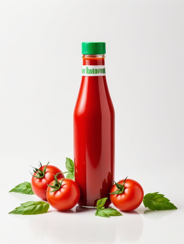 tomato ketchup bottle, red tomato with green leaves, isolated, white background