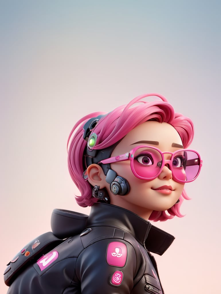 cyborg android, dressed in pink glasses and a leather jacket