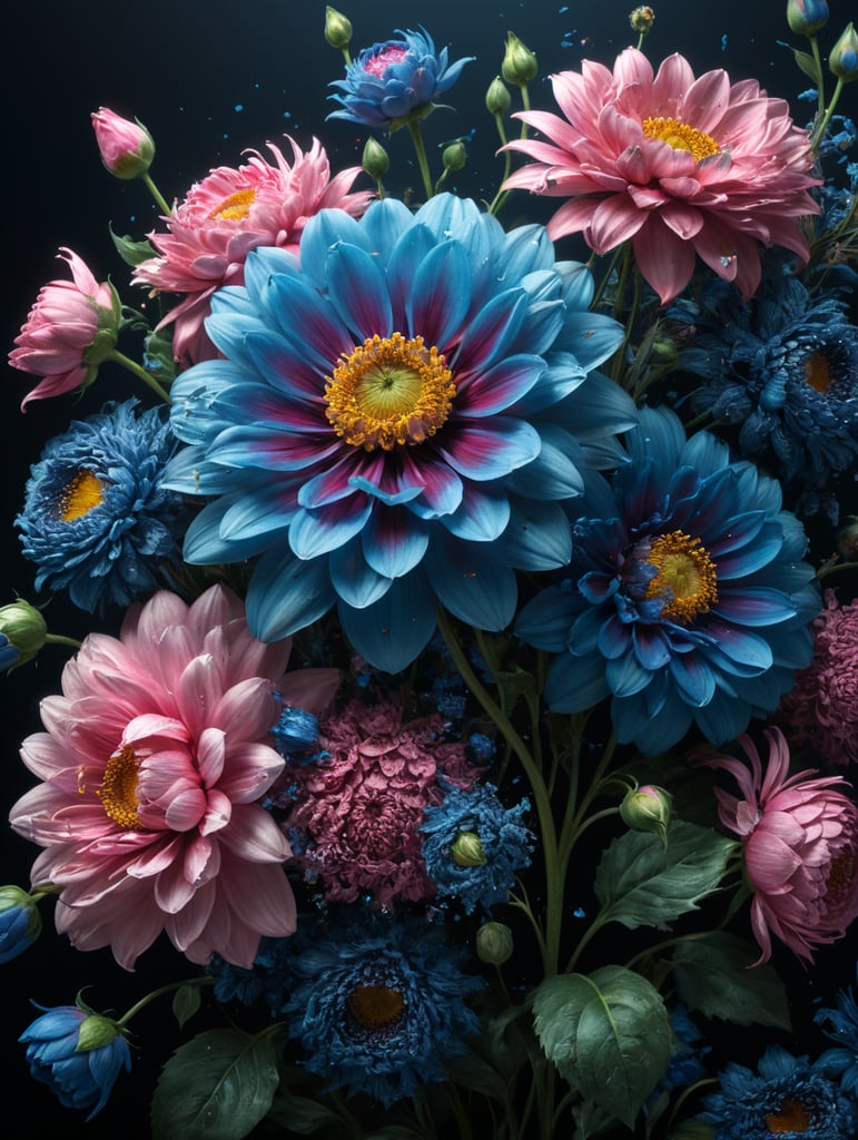 flower explotion, art, pinkl, blue, photography