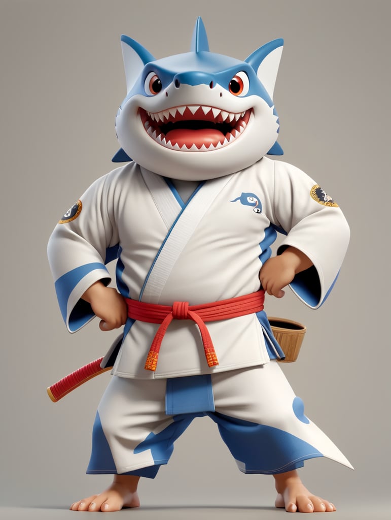 humanoid cartoon shark in judo kimono stay in action pose and angry face