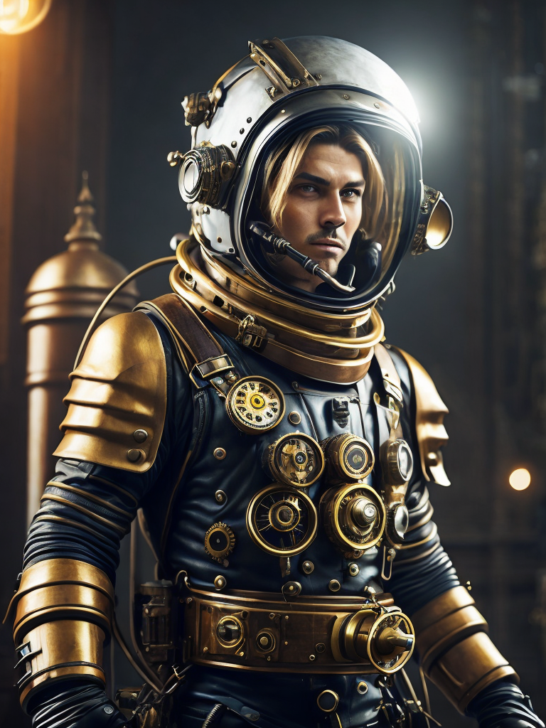 A steampunk astronaut wearing a Victorian-inspired spacesuit with brass gears and leather straps, Dramatic Lighting, Depth of field, Incredibly high detailed