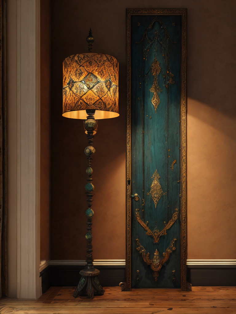 wooden floor lamp, carved black wood, decorated with gems