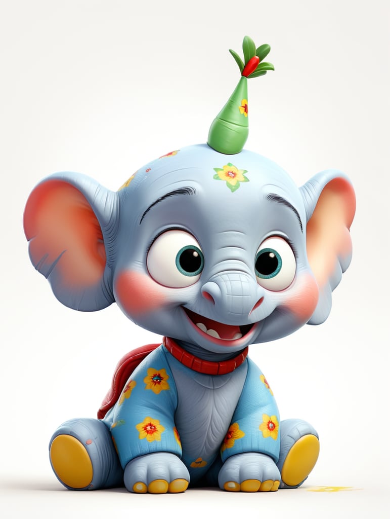Christmas Baby Elephant Clipart, full body, on knees, in the style of Richard Scarry on white background