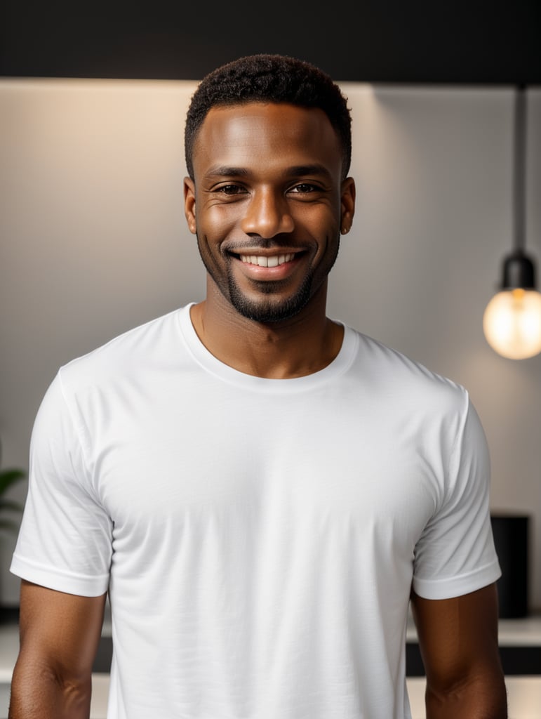 a black African man wearing white t-shirts, standing in front of black background, blank shirt no print, smiling, photo for apparel mock-up