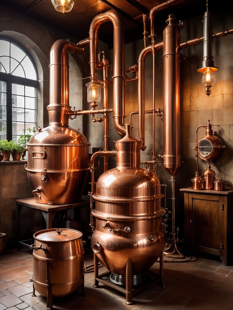 Close-up of a Copper distillation unit alembic, candles on the walls, Dim antique room for whiskey production, herbs and hops, old master sitting on a chair