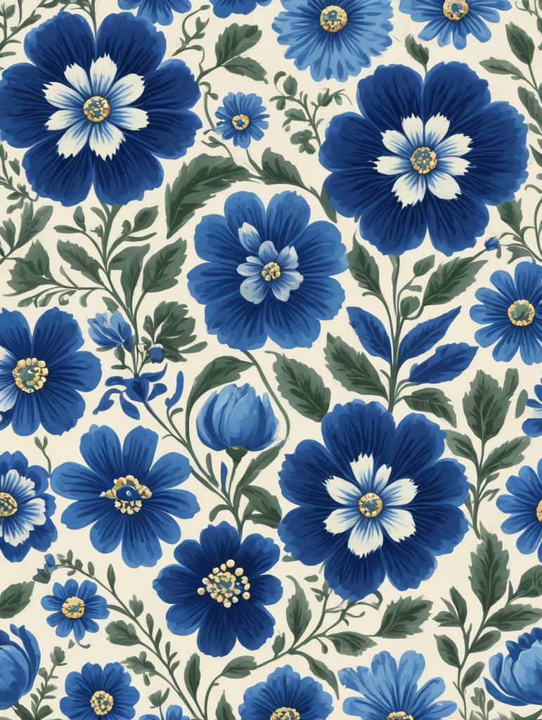 Seamless pattern beautiful floral pattern with blue flowers in the background, in the style of polish folklore motifs, juliana nan, mexican folklore - inspired, tivadar csontváry kosztka, clara peeters, texture exploration, blue color scheme, blue pallete, amoled, 264k render HD