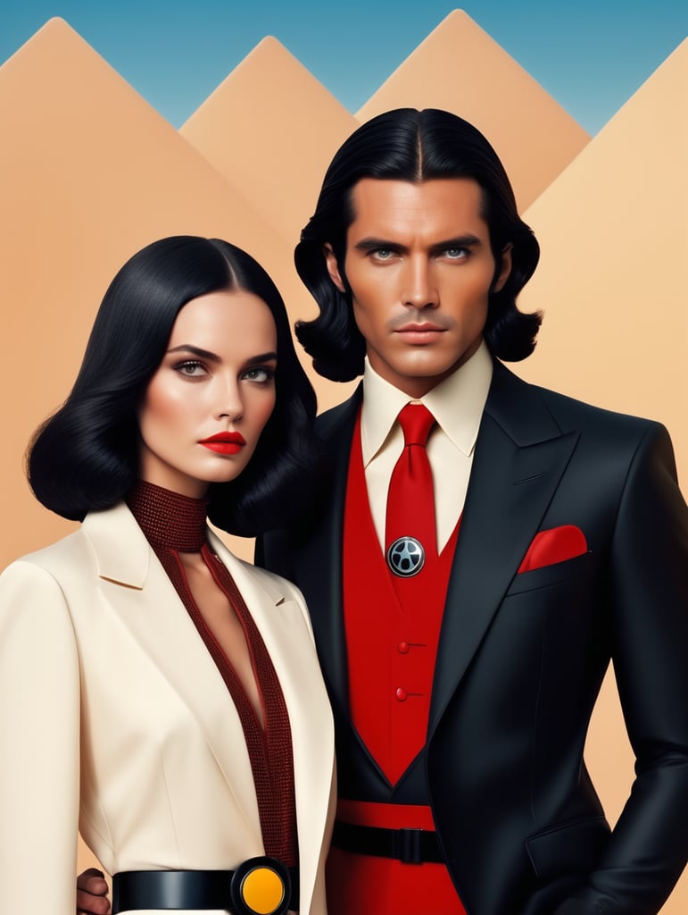 female and male fashion models 70's fashion portrait cover magazine "vogue" luxury vintage retro future sharp theme color wes anderson style Portrait of a woman with black hair, style of star wars giorgio armani suit hugo boss style, black red black sun symbol