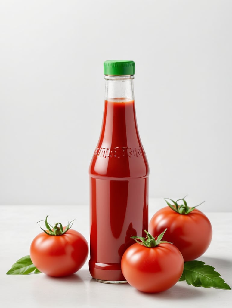 tomato ketchup bottle, red tomato with green leaves, isolated, white background