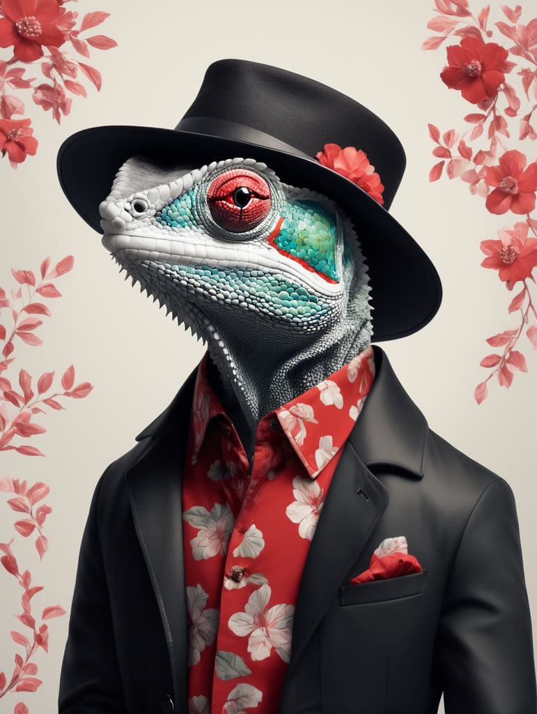 A chameleon wearing a red floral print shirt, black jacket, and red hat.