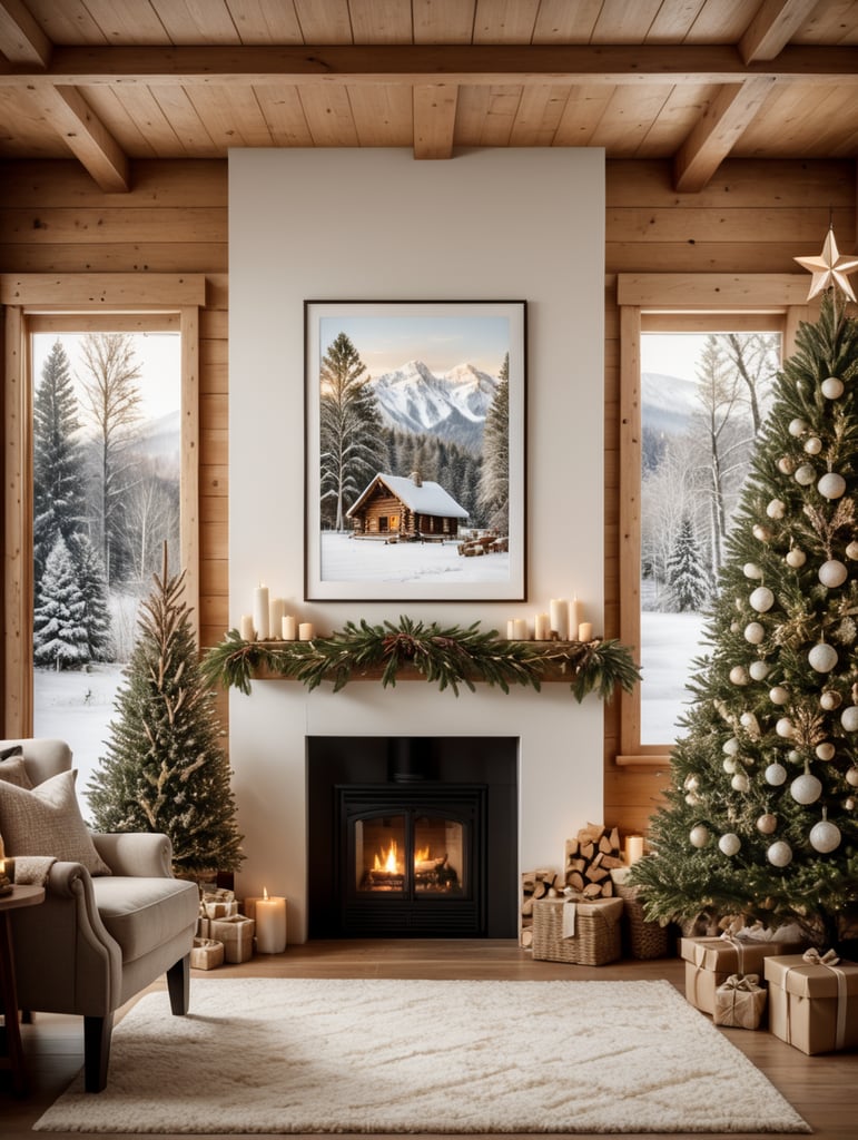 vertical picture wall mockup, natural christmas, cozy log cabin, neutral colors, prints under tree wrapped in white paper