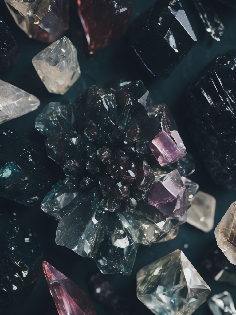 Crystal texture, pattern, background, top view, organic texture, seamless texture, scattered crystals, deep colors, contrast lighting, volumetric crystals, crystals stacked on top of each other, closely stacked crystals, knolling, flat lay, gems, crystals