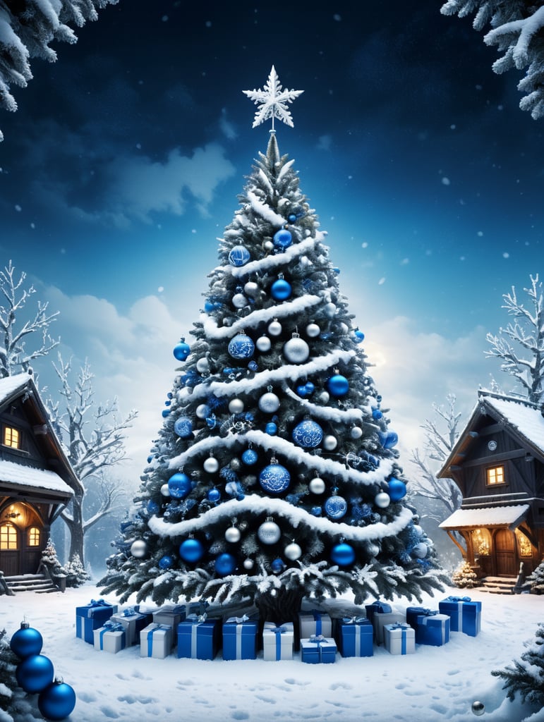 Create a Christmas greeting for Osijek FC in white and blue style, with Christmass tree, white blue decoration, snow
