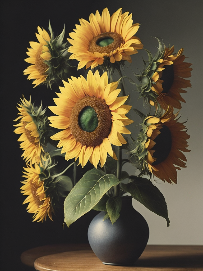 Sunflowers, moody, oil painting, by henri fantin-latour