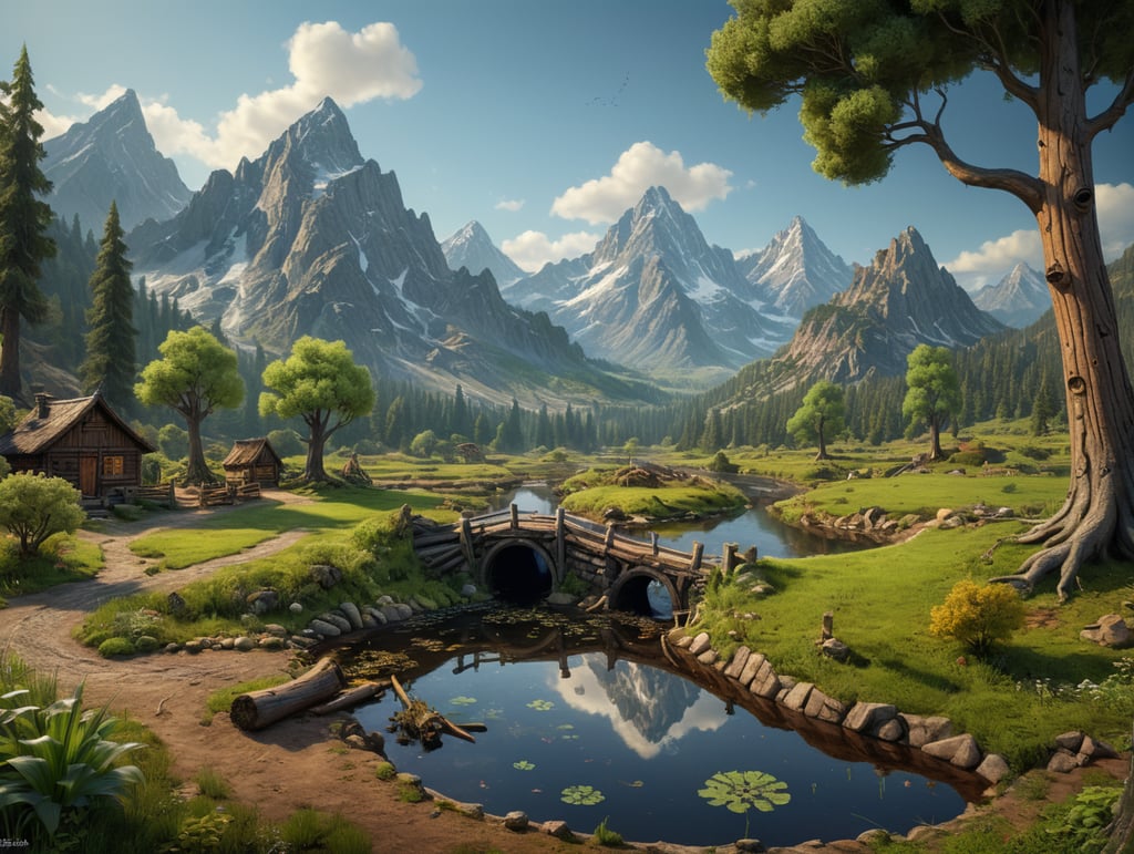 Simple cartoon nature scene with mountains and trees in the background and a small pond in the middle ground one tree on the right side in the middle ground and one tree on the left side in the foreground a small pond in the middle, a short hollow log in front of the tree on the right and a patch of dirt in front of the tree on the left