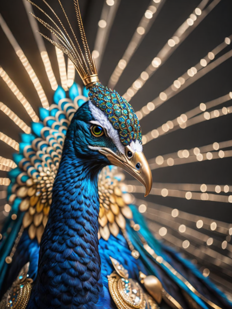 Magical king peacock wearing expensive jewelry that is magnificent, incredibly detailed, intricate, with brilliant bright shimmering sparkling glittering diamonds on glowing shining precious luminous gold, Royal rich luxurious