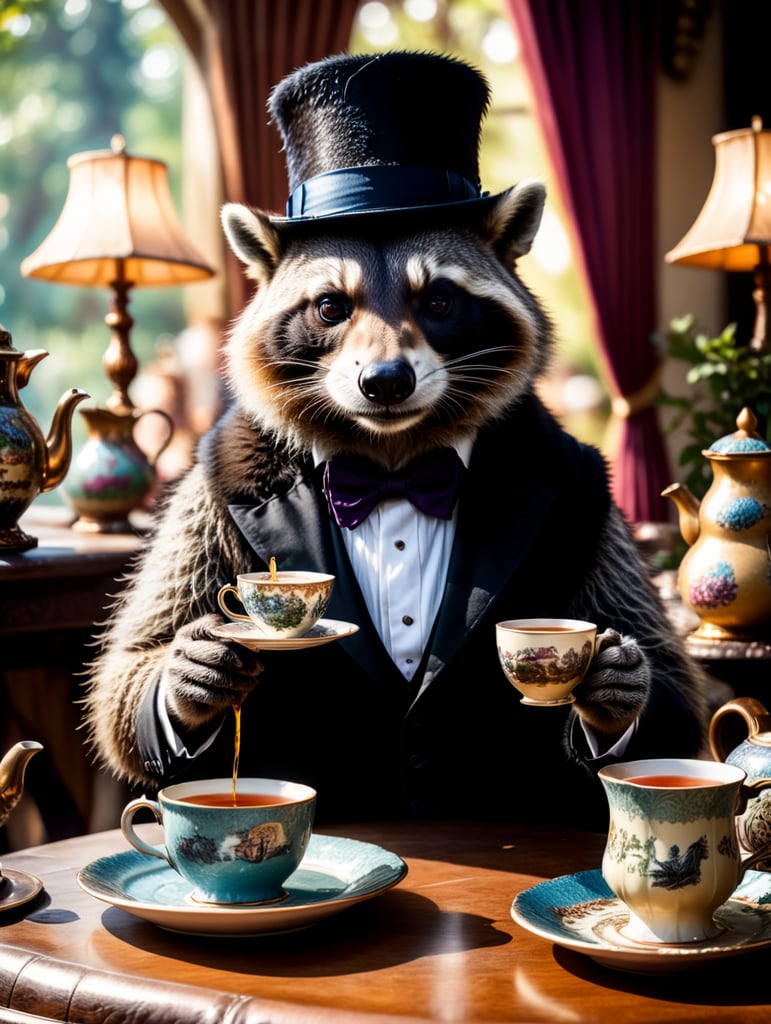 A raccoon having a tea party in wonderland