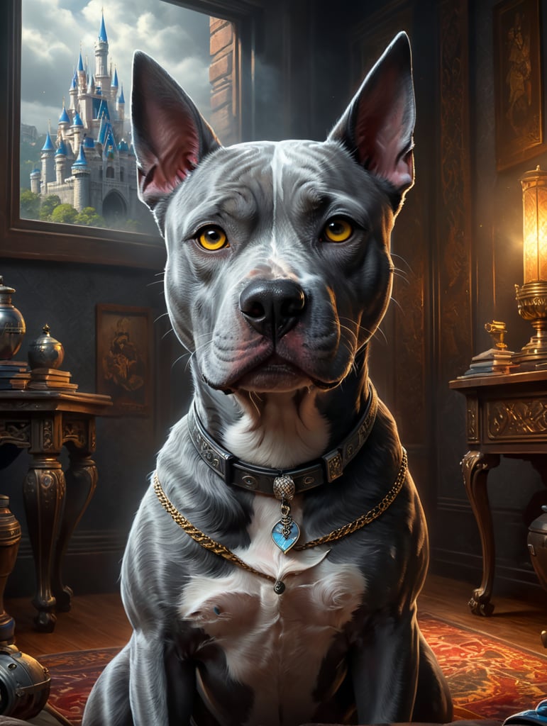 grey amstaff in a disney pixar style poster with Atena as a title