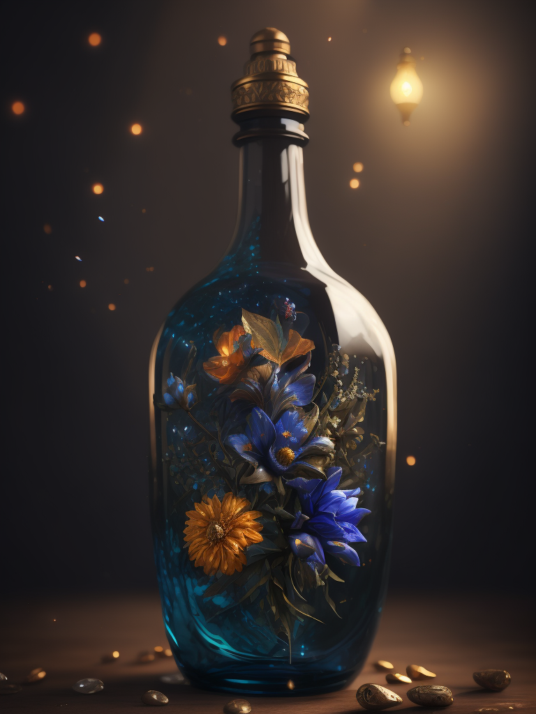 Magic elixir bottle from, carved glass, decorated with flowers and gems, fairy atmosphere, illumination, dark blue color, smoke