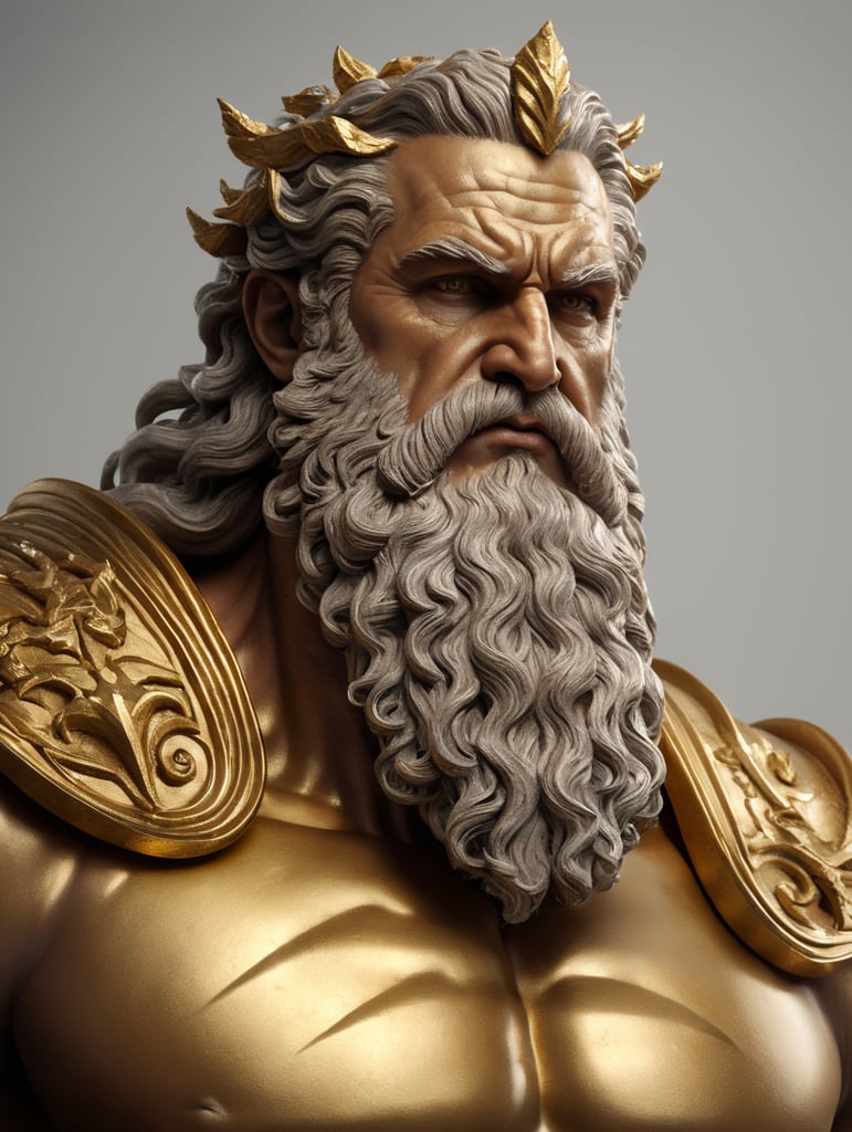 A realistic Golden head sculpture of greek god Zeus, neutral background, moody, angry, photorealistic, movie scene, super detailed, hyperrealistic