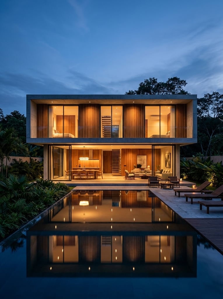 modern luxury two-story rectangular villa at twilight, frontal symmetrical architectural photography, flat roof, floor-to-ceiling glass walls, warm wood paneling, concrete structure, glowing amber interior lighting contrasting with deep cool blue evening sky, open-plan ground floor revealing dining and lounge spaces, stone patio with outdoor lounge chairs, large rectangular infinity pool in foreground reflecting the illuminated house, dark green tropical foliage bordering the pool base, silhouetted trees in the background, highly detailed photorealistic rendering, strong horizontal lines