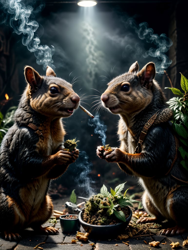a drunken squirrel and a rat smoking marijuana