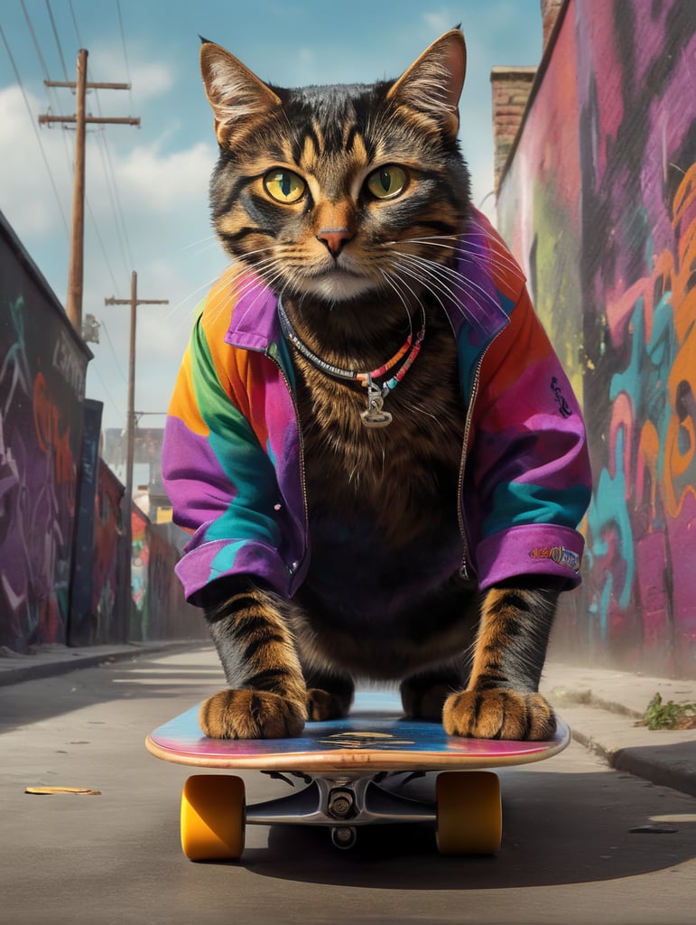Um gato preto andando de skate usando roupas coloridas, um cenário com grafites
