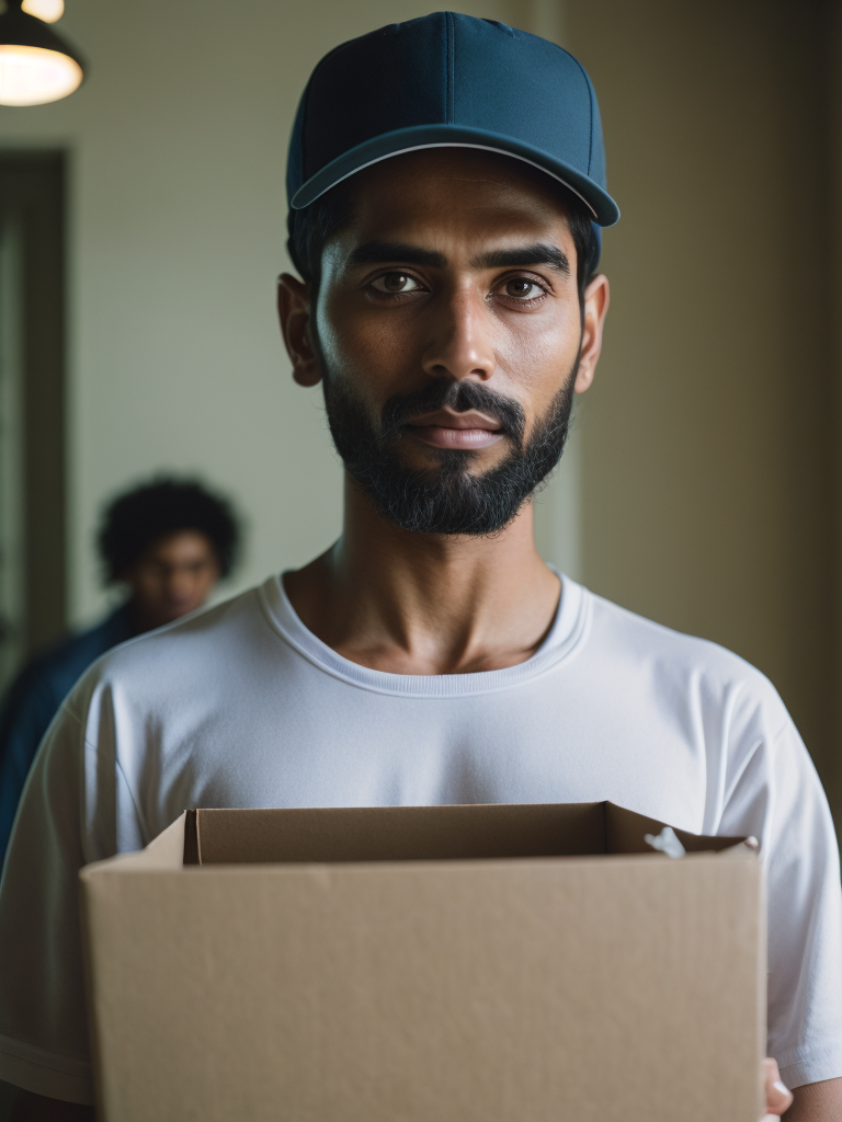 portrait of a delivery Indian man with black beard, wearing a white cap and white t-shirt, holding a box