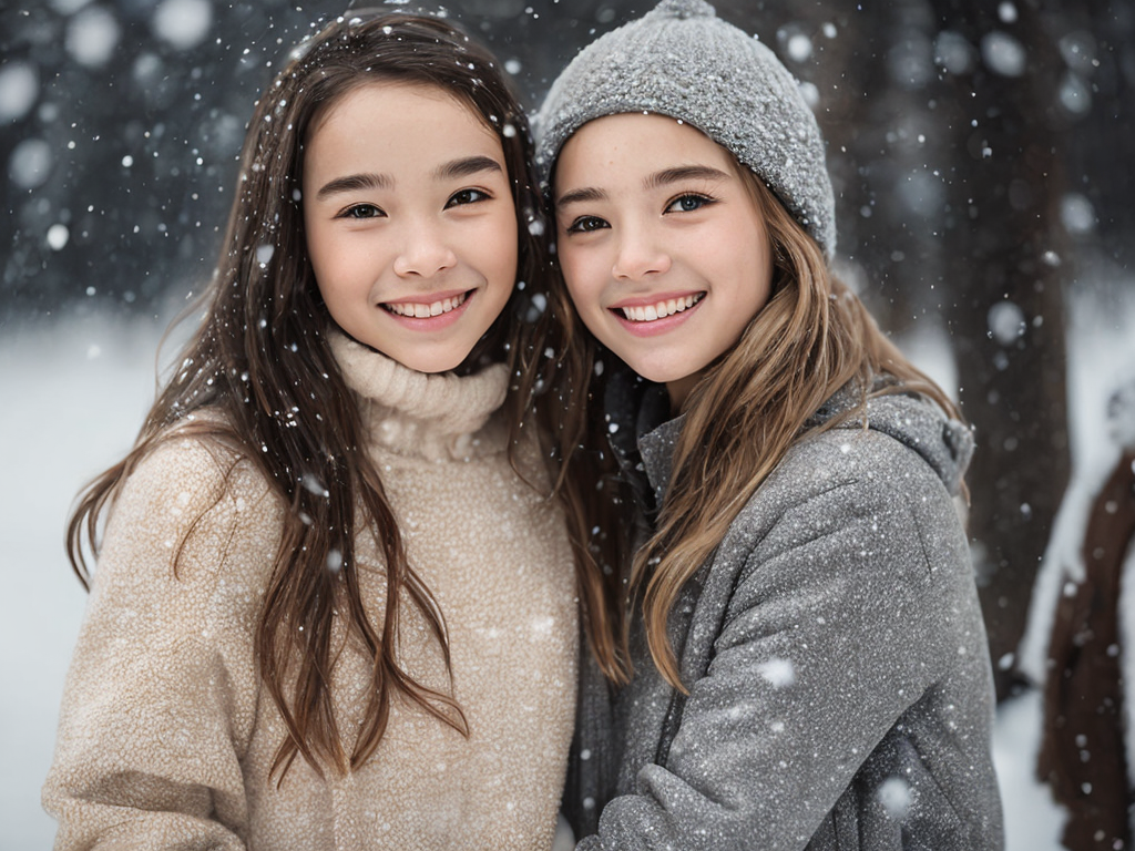 long shot, portrait of a cute 2girls, smiles, snow flakes, snow, winter