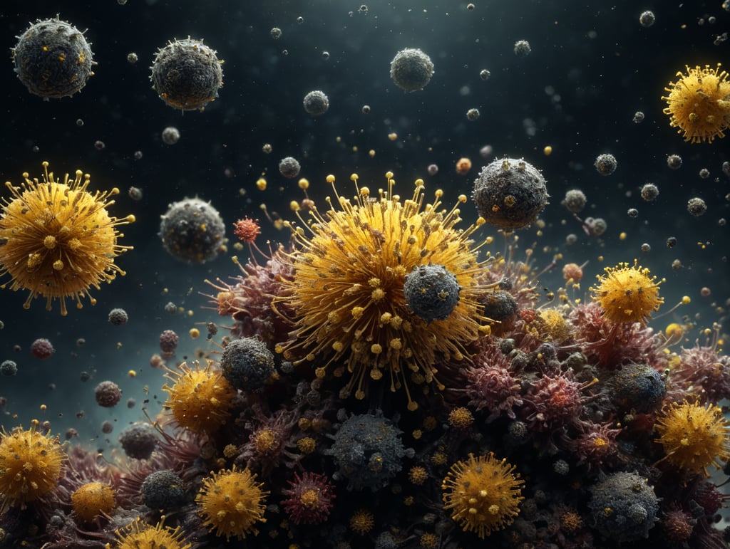 view of several small airy microscopic particles floating in the air such as viruses, pollen and bacteria