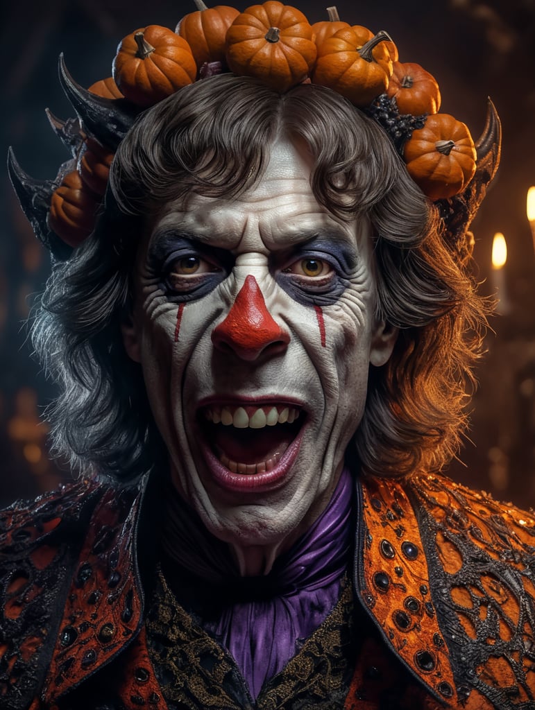Mick Jagger as a creepy evil character wearing spooky Halloween costume, Vivid saturated colors, Contrast color