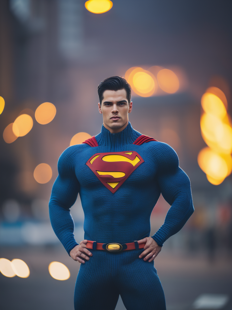 Portrait of a superman in a knitted suit, a blue suit with a red and yellow superman logo on the chest, a city in the background, a blurred background, professional shot, bright saturated colors, sharp focus, highly detailed