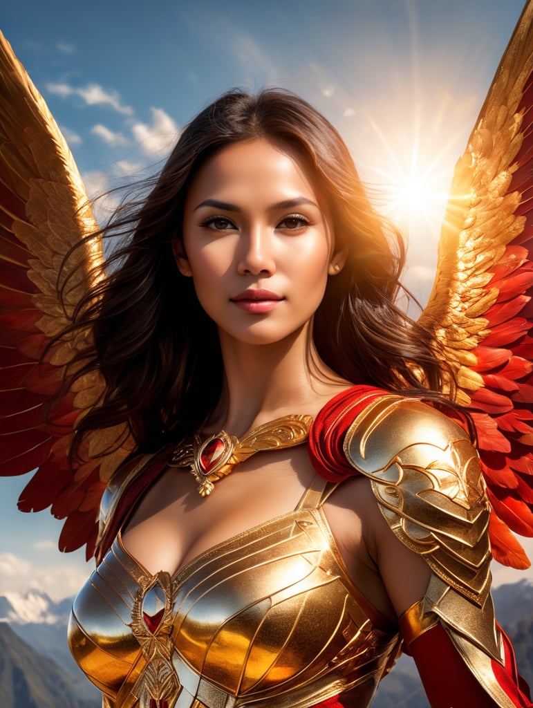 Angel of love flying in the sky, full body view, hyper realistic, red gold colours, magic style. positive vives, energy blast in background, light in the sky, sun, bright, glorious, marvellous, epic, heroic, very detailed latin american human face, perfect face looking to the front, Peruvian machu pichu mountains, correct face, perfect eyes