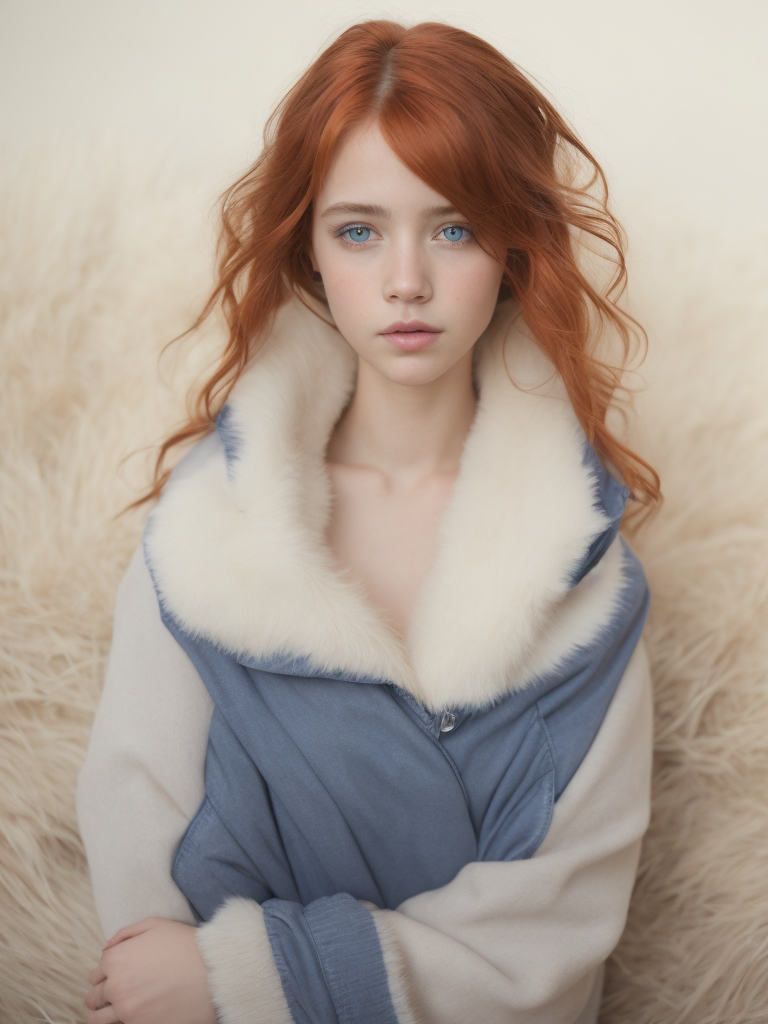 big blue eyes girl, red hair, hyper realistic, photo-realistic