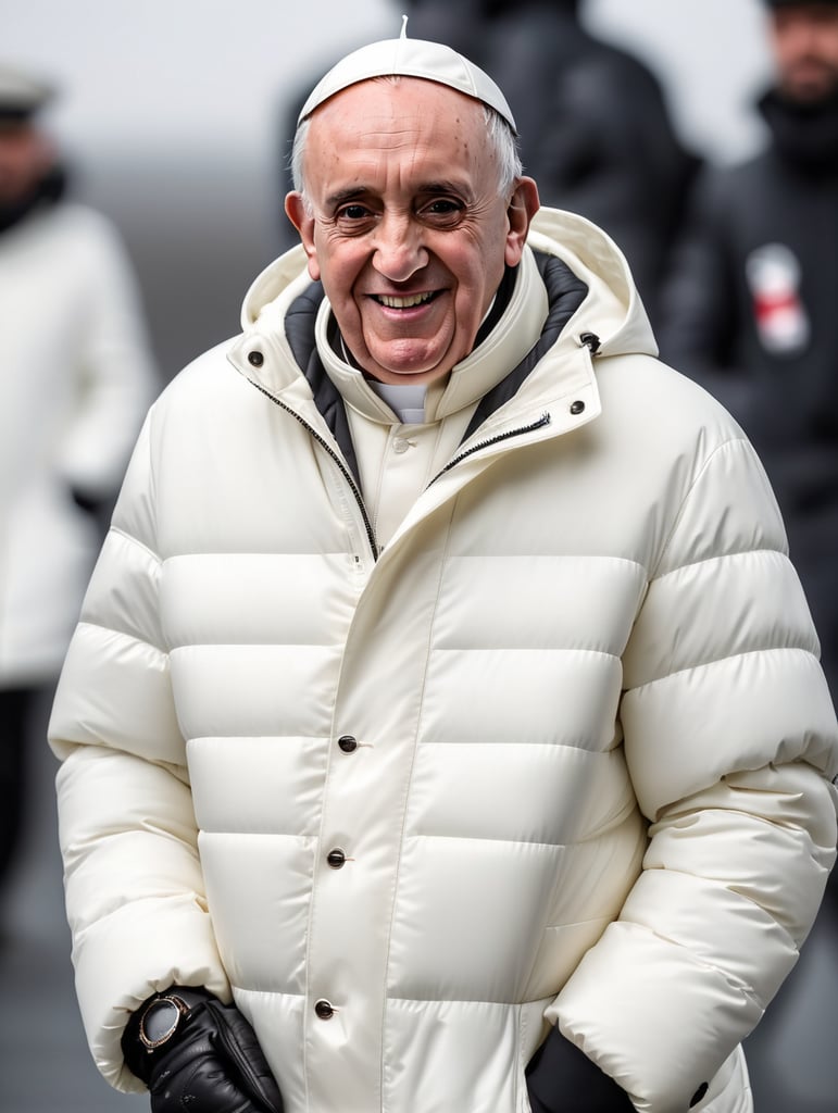 Professional photo of a glamour Pope Francis looking stylish in a white puffer jacket