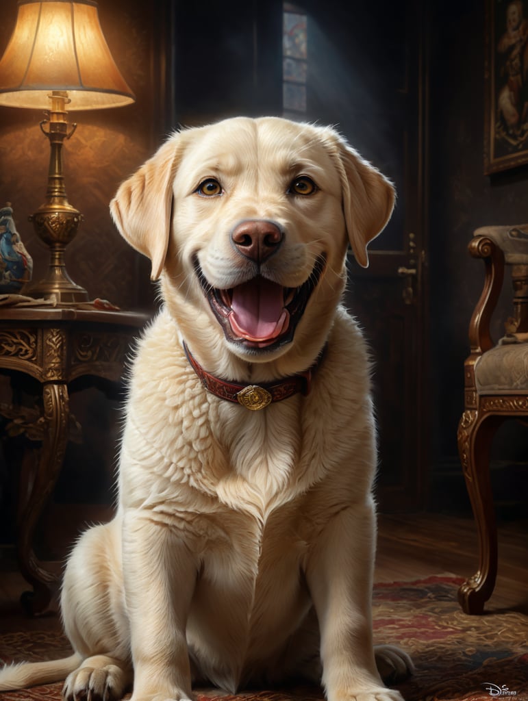 Labrador boy named Tony, light wool, smiling, Disney poster