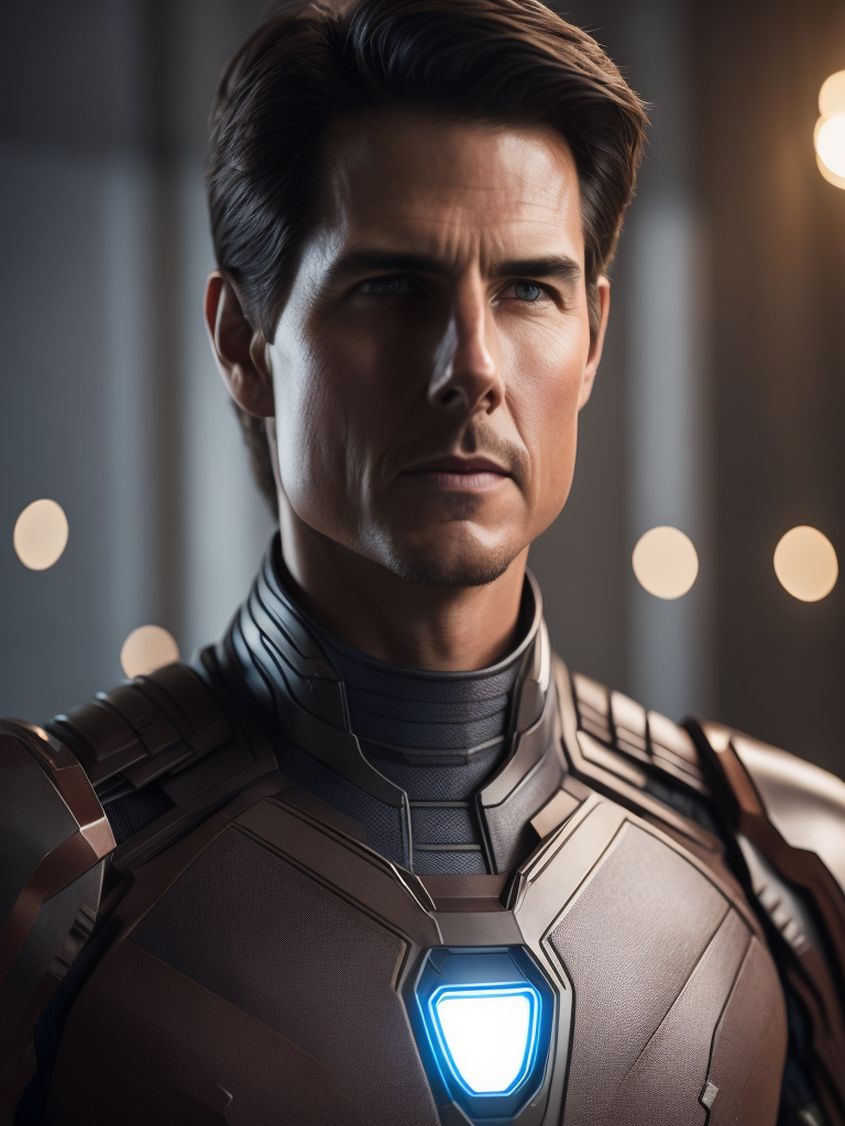 Crea un Immagine super dettagliata e realistica in 8k di Tom Cruise dentro all'armatura di Iron Man