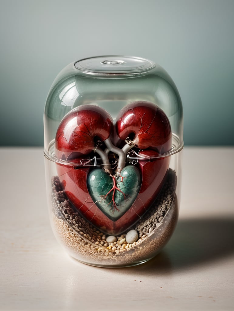 product shot of a heart inside a plastic capsule